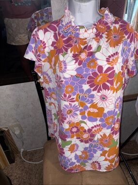 Smocked Ruffle Floral Blouse in White with Pink, Purple & Orange Flowers